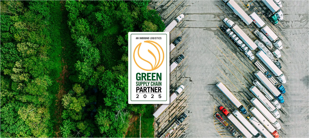 Aerial split image of a forest and a fleet of tanker trailers with an Inbound Logistics Green Supply Chain Partner 2025 badge
