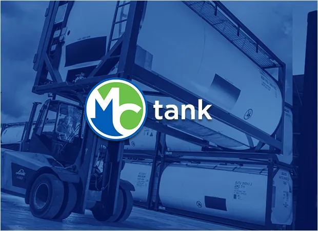 MC Tank logo over a tinted photo of tank containers and a forklift