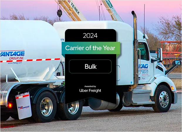 KAG tanker truck with a 2024 Carrier of the Year — Bulk award badge from Uber Freight overlaid