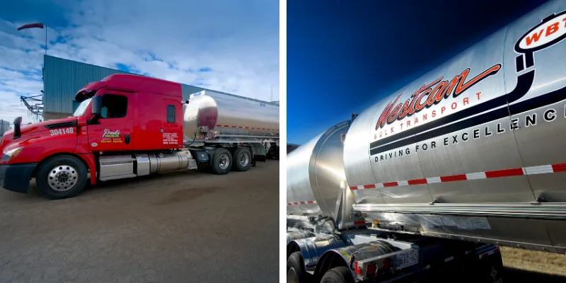 Red Paul's Hauling tractor and a Westcan Bulk Transport tanker trailer