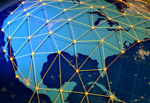 Global network connectivity visualization showing interconnected nodes over Earth's surface