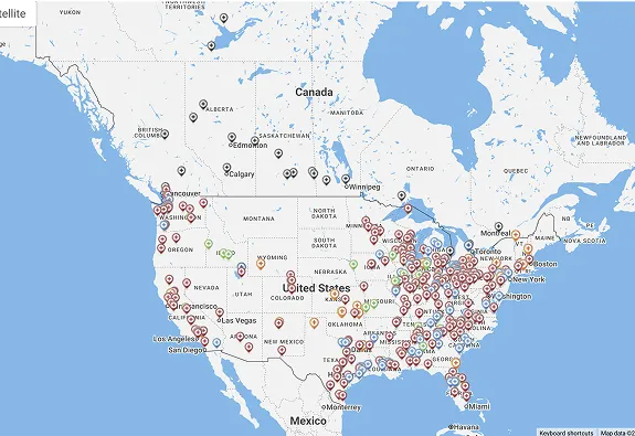 Pinpoints in a map of the United States of America
