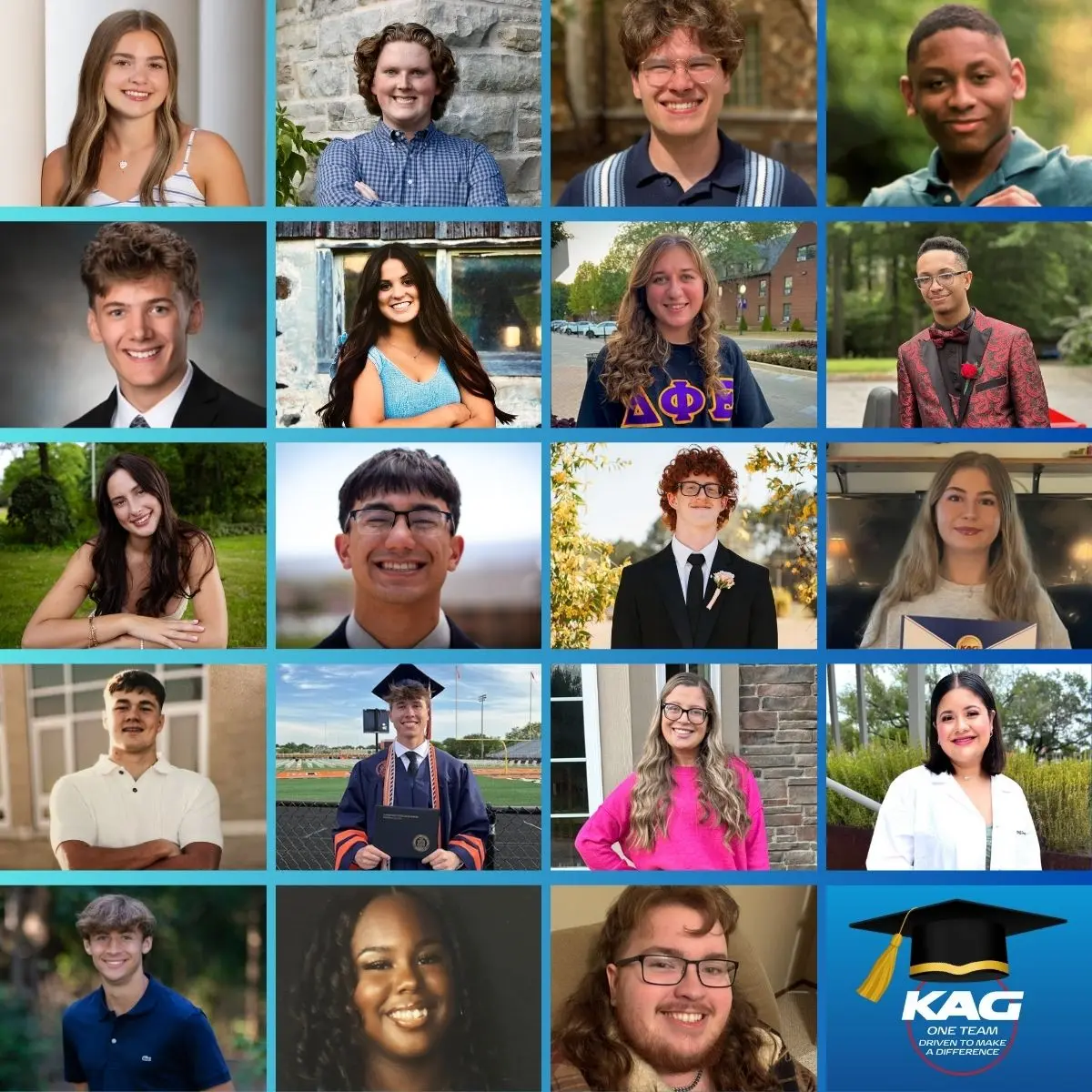 Collage of student scholarship recipients and graduates featured in a KAG community and education recognition graphic.