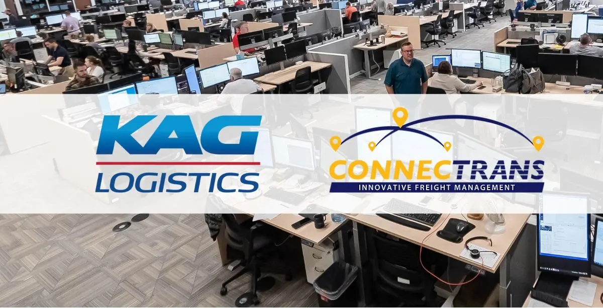 KAG Logistics and Connectrans freight management branding displayed over a busy transportation operations center with employees coordinating logistics activities.