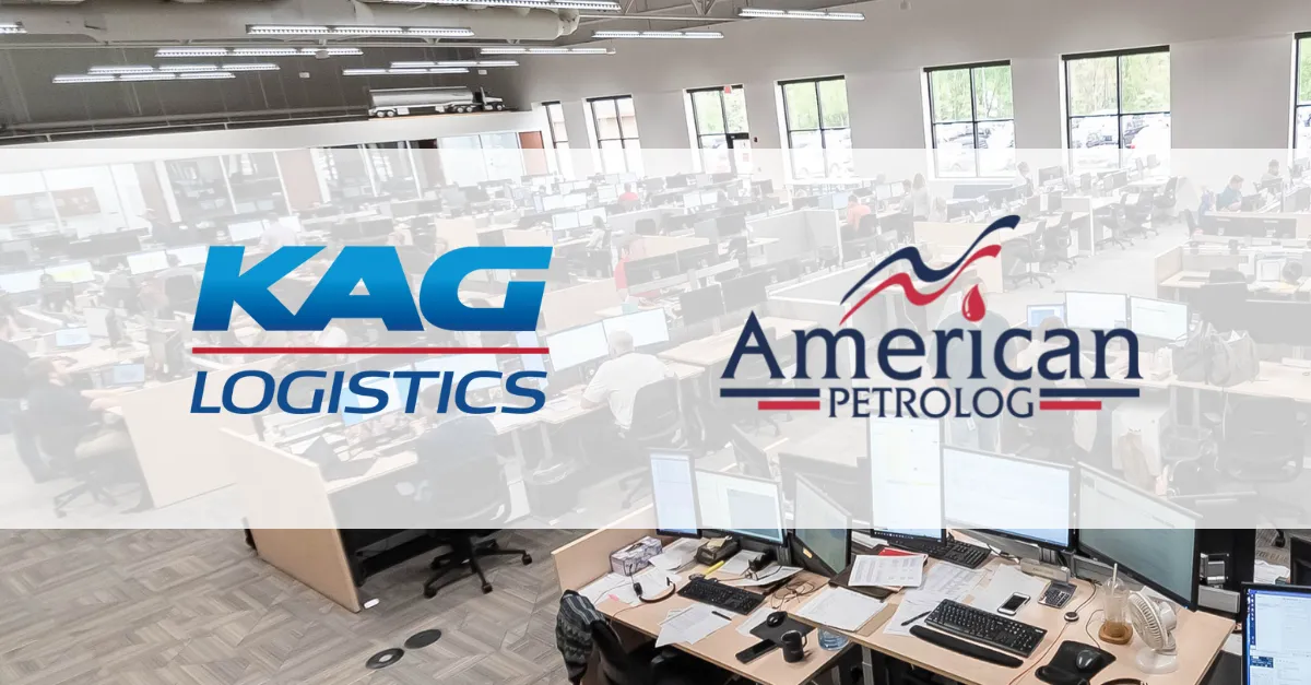 KAG Logistics and American Petrolog logos overlaid on a modern open-plan logistics office