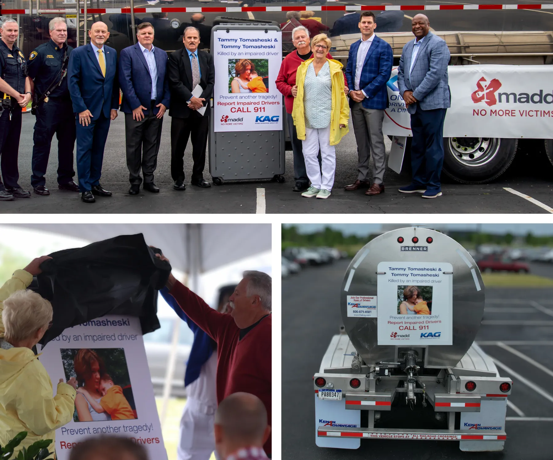 Photo collage showing a KAG and MADD partnership event with group photo, memorial unveiling, and branded tanker truck