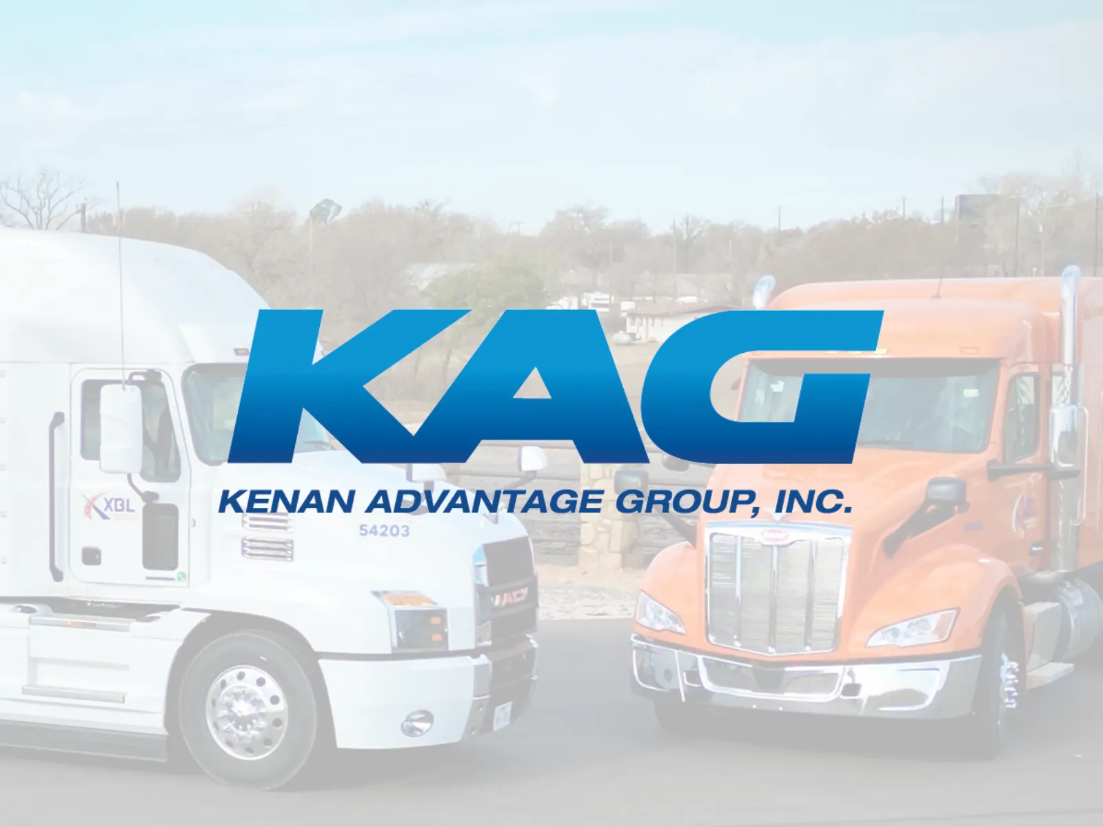 KAG — Kenan Advantage Group, Inc. logo overlaid on two semi-truck cabs in a parking lot