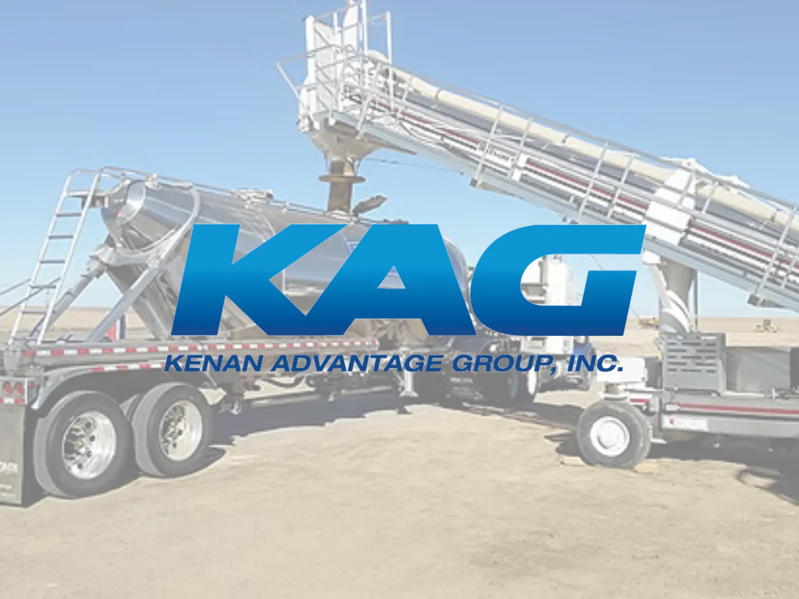 KAG — Kenan Advantage Group, Inc. logo overlaid on a dry bulk trailer with loading equipment