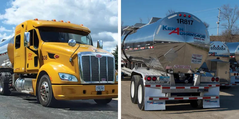 Yellow semi-truck and rear view of a Kenan Advantage Group tanker trailer