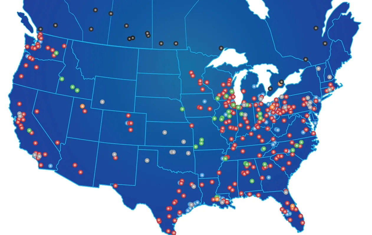 Map of the US and Canada showing KAG's network of locations as colored dots